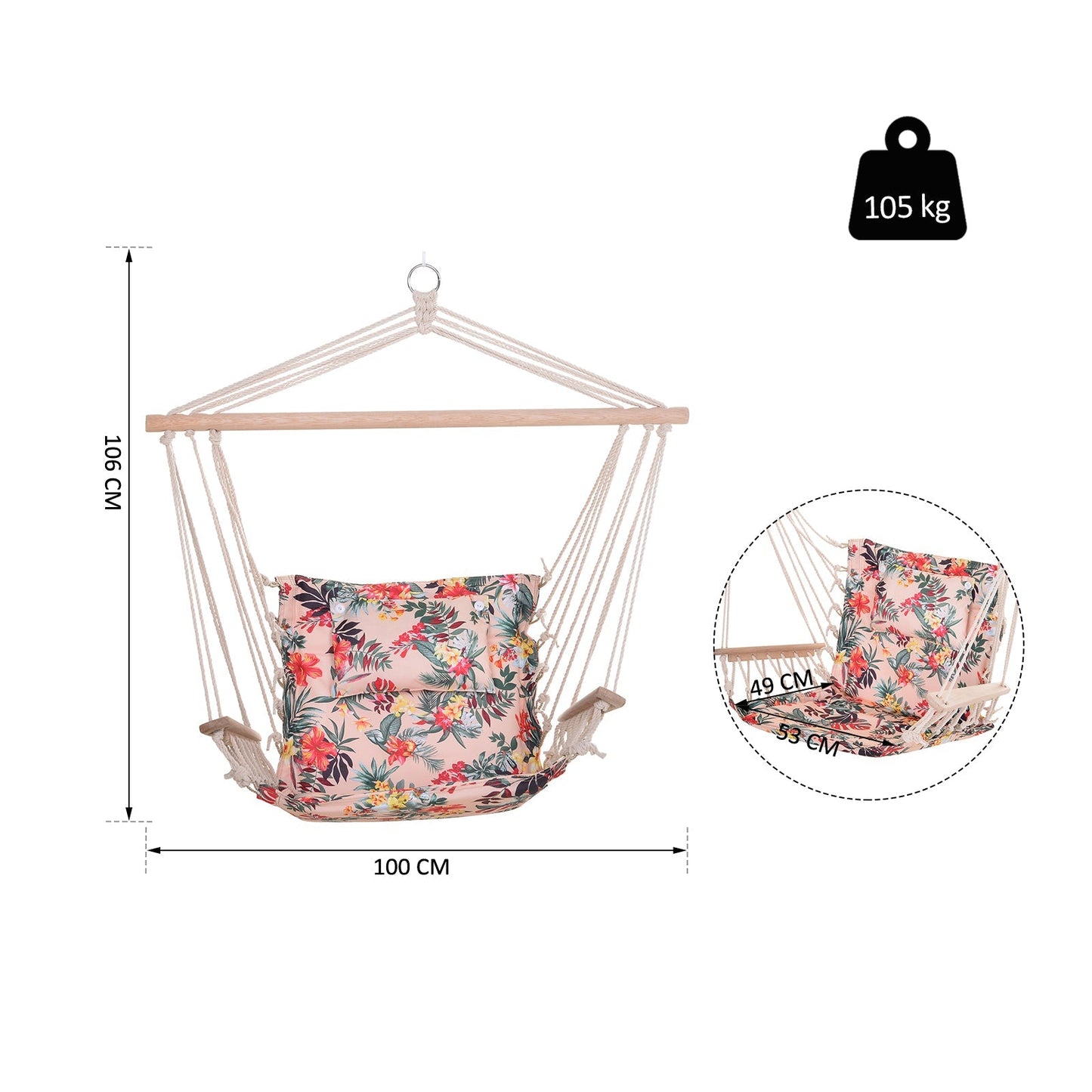 100x106cm Hanging Hammock Chair Safe Rope Frame Pillow Top Bar Bright Floral