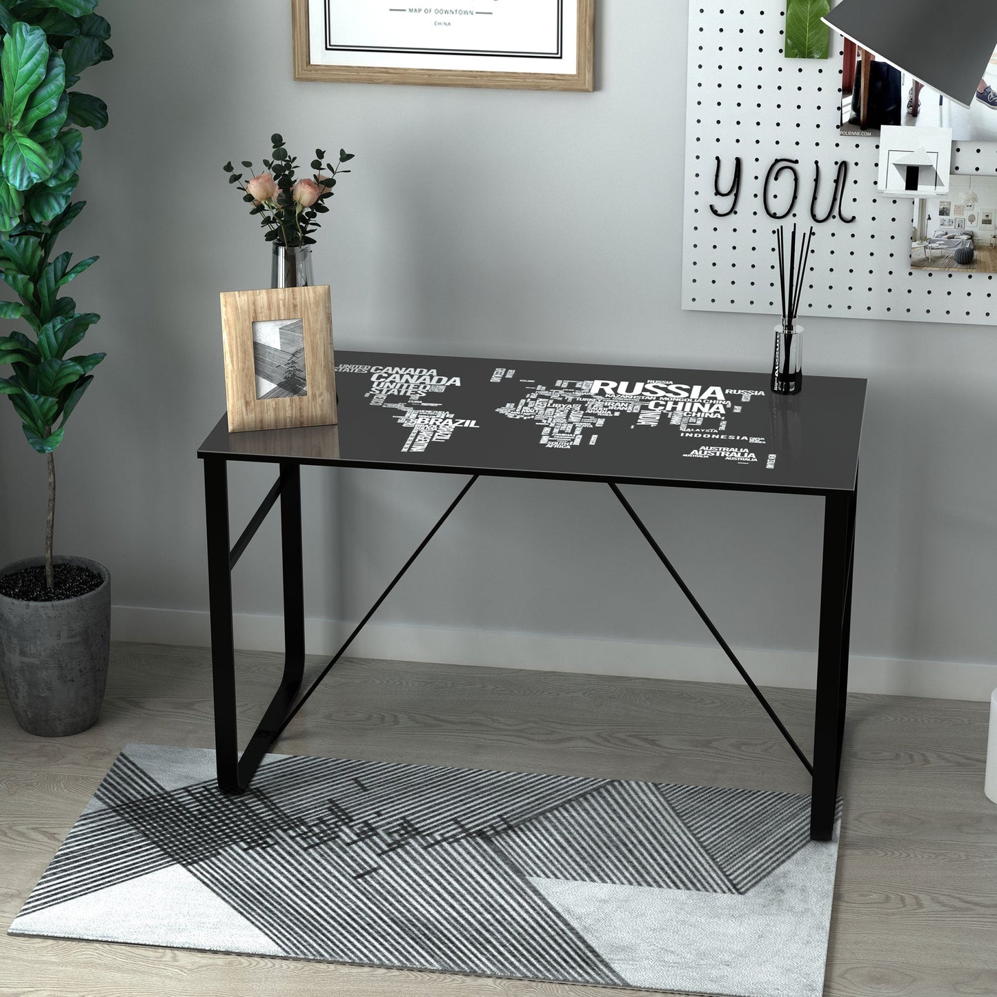 Tempered Glass Top Writing Desk With World Map Printing