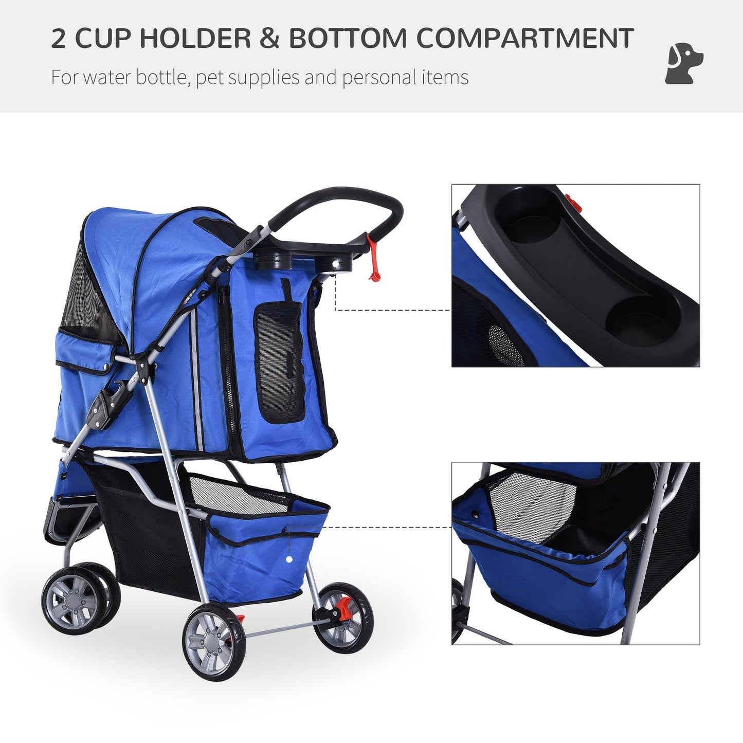 PawHut Pet Travel Stroller Cat Dog Pushchair Trolley Puppy Jogger Carrier Three Wheels for Small Miniature DogsBlue