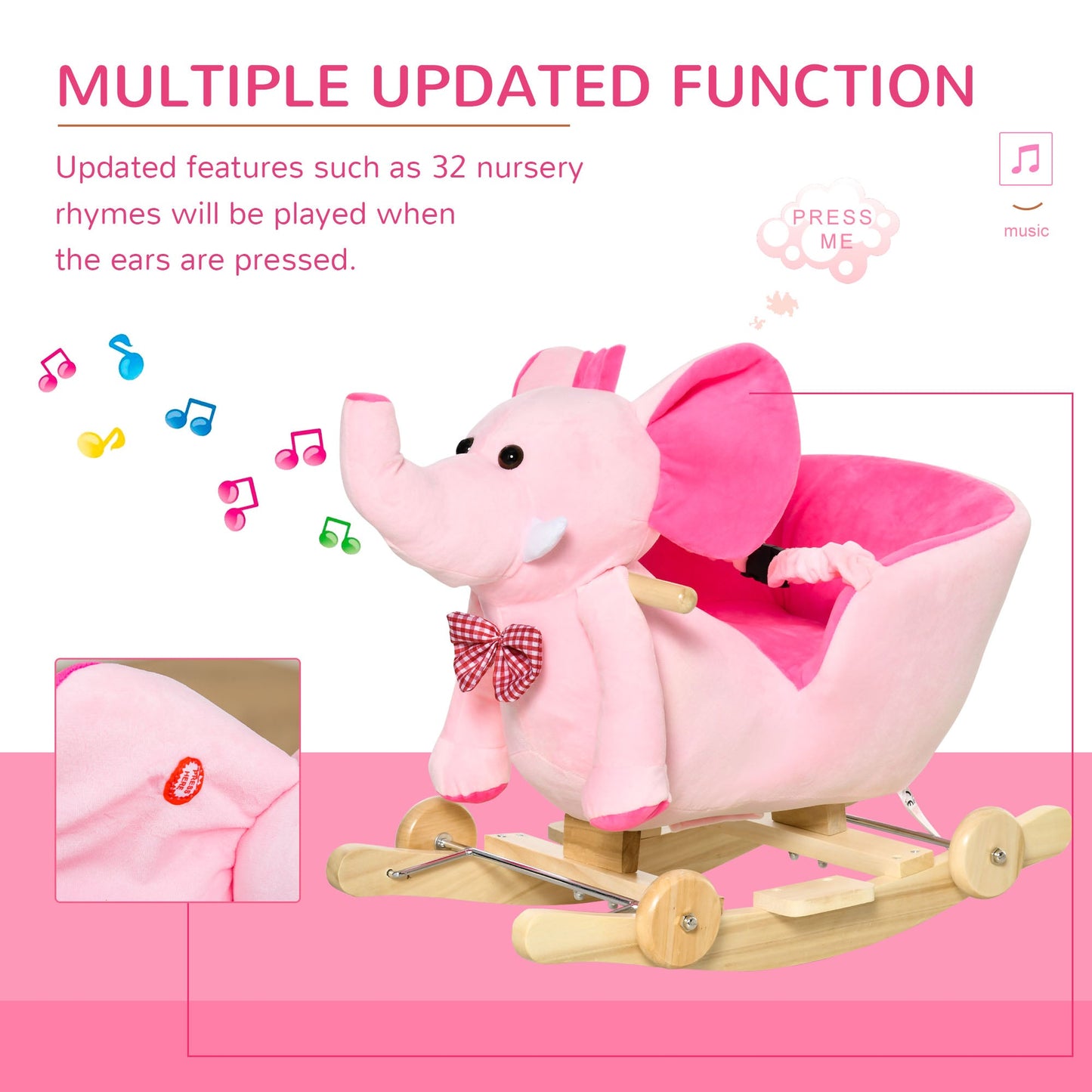 2 In 1 Plush Baby Ride on Rocking Horse Elephant Rocker with Wheels Wooden Toy for Kids 32 Songs Pink