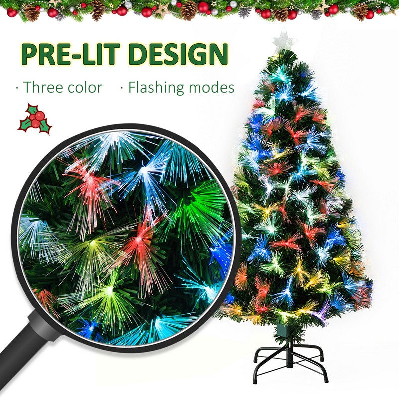 Homcom 4 Foot Tall Artificial Tree Fiber Optic Colorful LED Pre-Lit Holiday Home Christmas Decoration with Flash Mode - Green