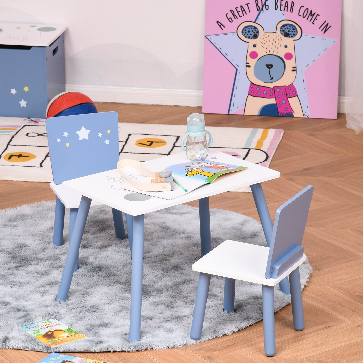 3-Piece Kids Table & Chairs Set w/ Wood Legs Safe Corners Cute Stars Seating Mini Furniture Home Playroom Bedroom Dining Room Blue