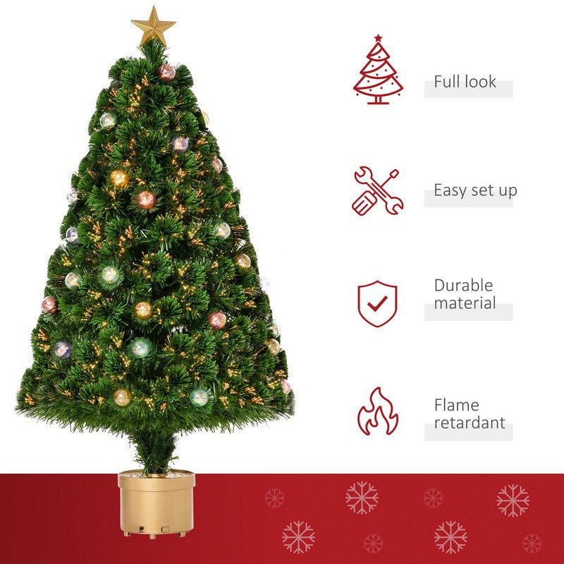 Homcom 4 Foot Prelit Artificial Christmas Tree Fiber Optic Holiday Home Xmas Indoor Decoration with Golden Stand Green