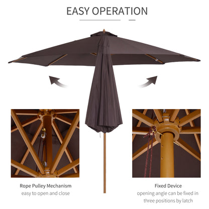 Outsunny 3(M) Fir Wooden Parasol Garden Umbrellas 8 Ribs Bamboo Sun Shade Patio Outdoor Umbrella Canopy Coffee