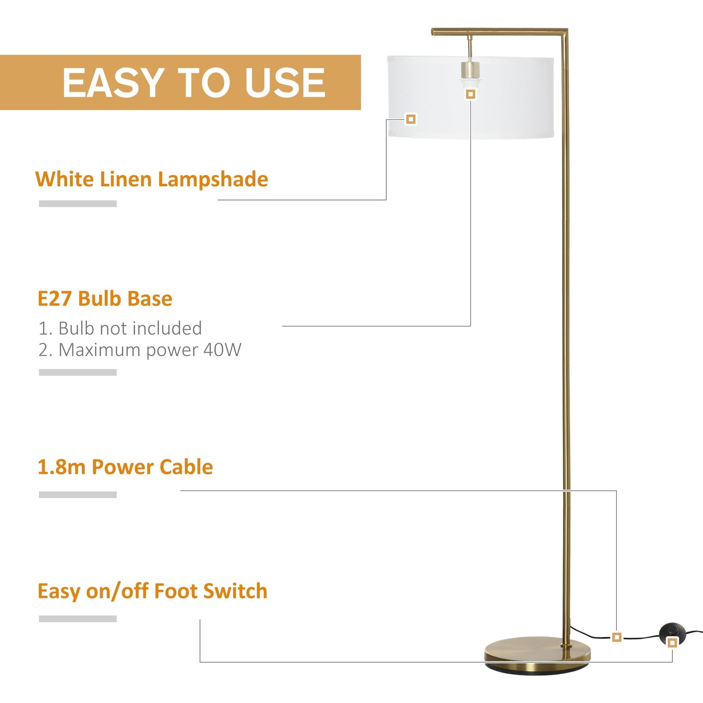 Modern Floor Lamp Tall Pole Light with Linen Shade E27 Holder for Home Office