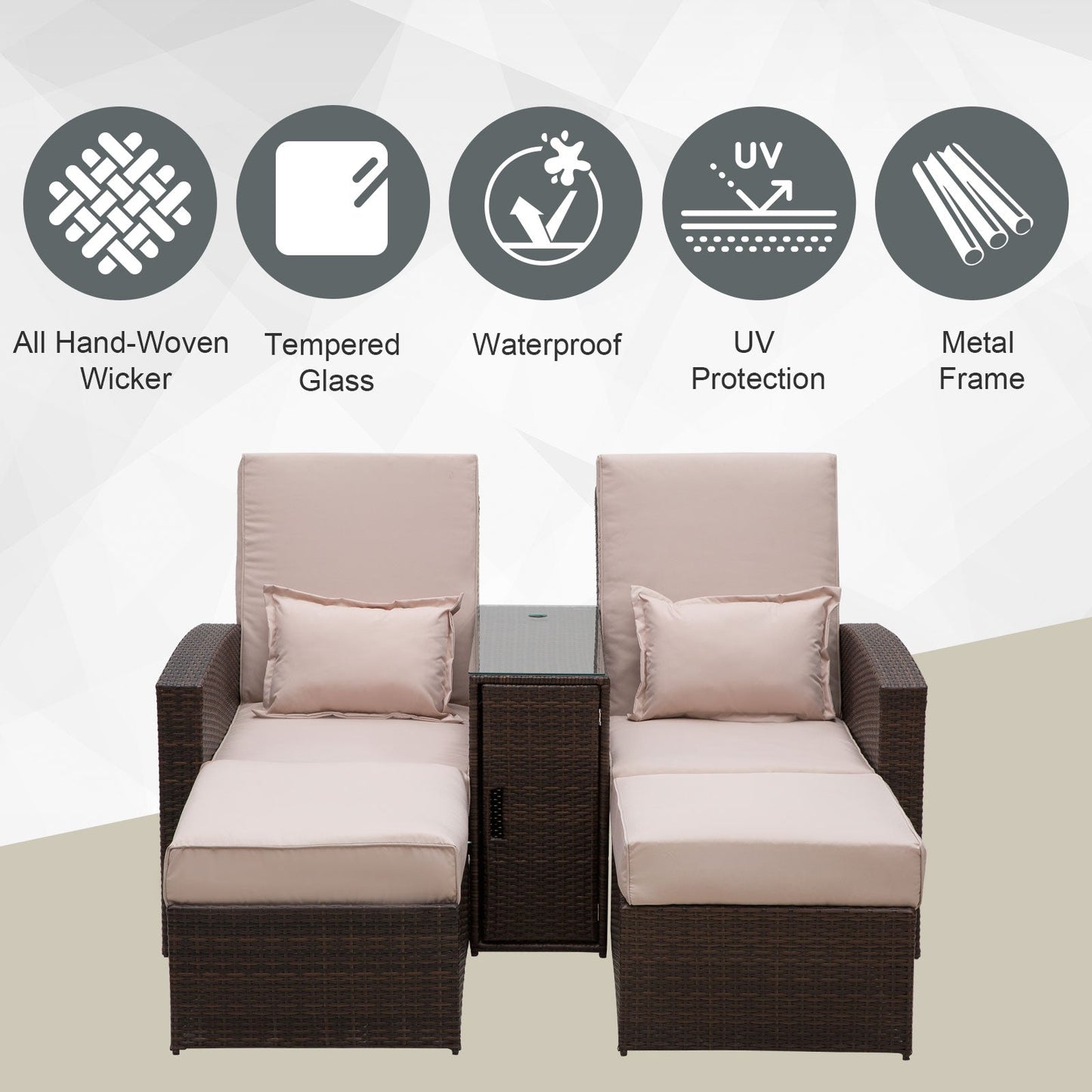 2 Seater Rattan Sofa Lounger Set-Brown