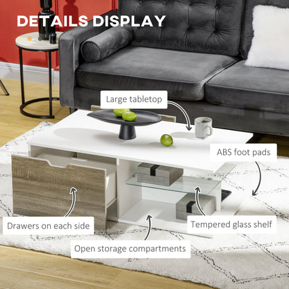 Modern Coffee Table with Tempered Glass Shelf and Two Drawers