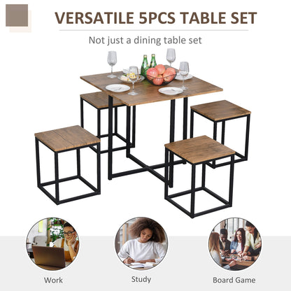 5-Piece Industrial Table & Stool Set w/ Metal Frame Home Dining Stylish Square Compact Seating Chair Beautiful Cool Black Brown