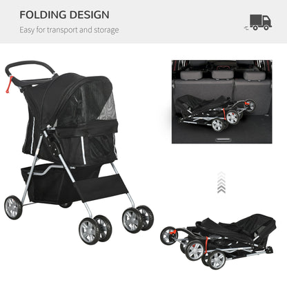 PawHut Pet Stroller for Small Miniature Dogs Cats Foldable Travel Carriage with Wheels Zipper Entry Cup Holder Storage Basket Black