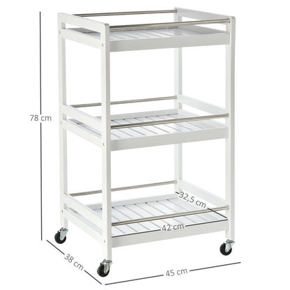 3-Tier Home Trolley Kitchen Storage Cart w/ Steel Bars 4 Universal Wheels Rolling Unit Organiser Living Room White