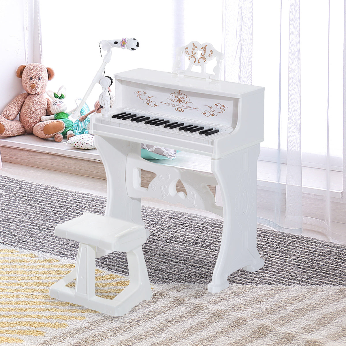 37 Keys Kids Piano Mini Electronic Keyboard Light Kids Musical Instrument Educational Game Children Grand Piano Toy Set w/Stool & Microphone & Music Stand White