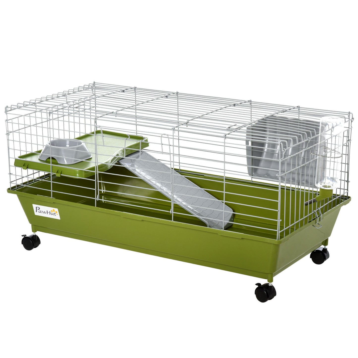 PawHut Small Animal Cage Rabbit Guinea Pigs Chinchillas Cage w/ Wheels Water Bottle Food Dish Platform Ramp 89 x 44 x 43 cm Green