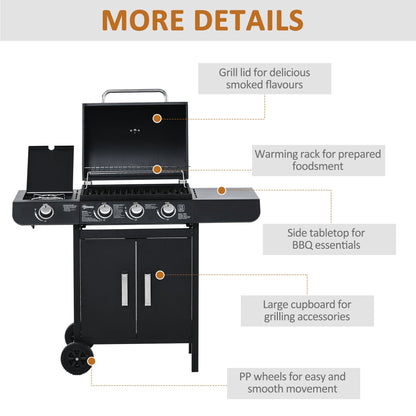 Outsunny Gas Burner Barbecue Grill 3+1 Burner Garden Bbq Trolley W/ Side Burner Warming Rack Side Shelves Storage Cabinet Piezo Ignition Thermometer 110X50X100cm