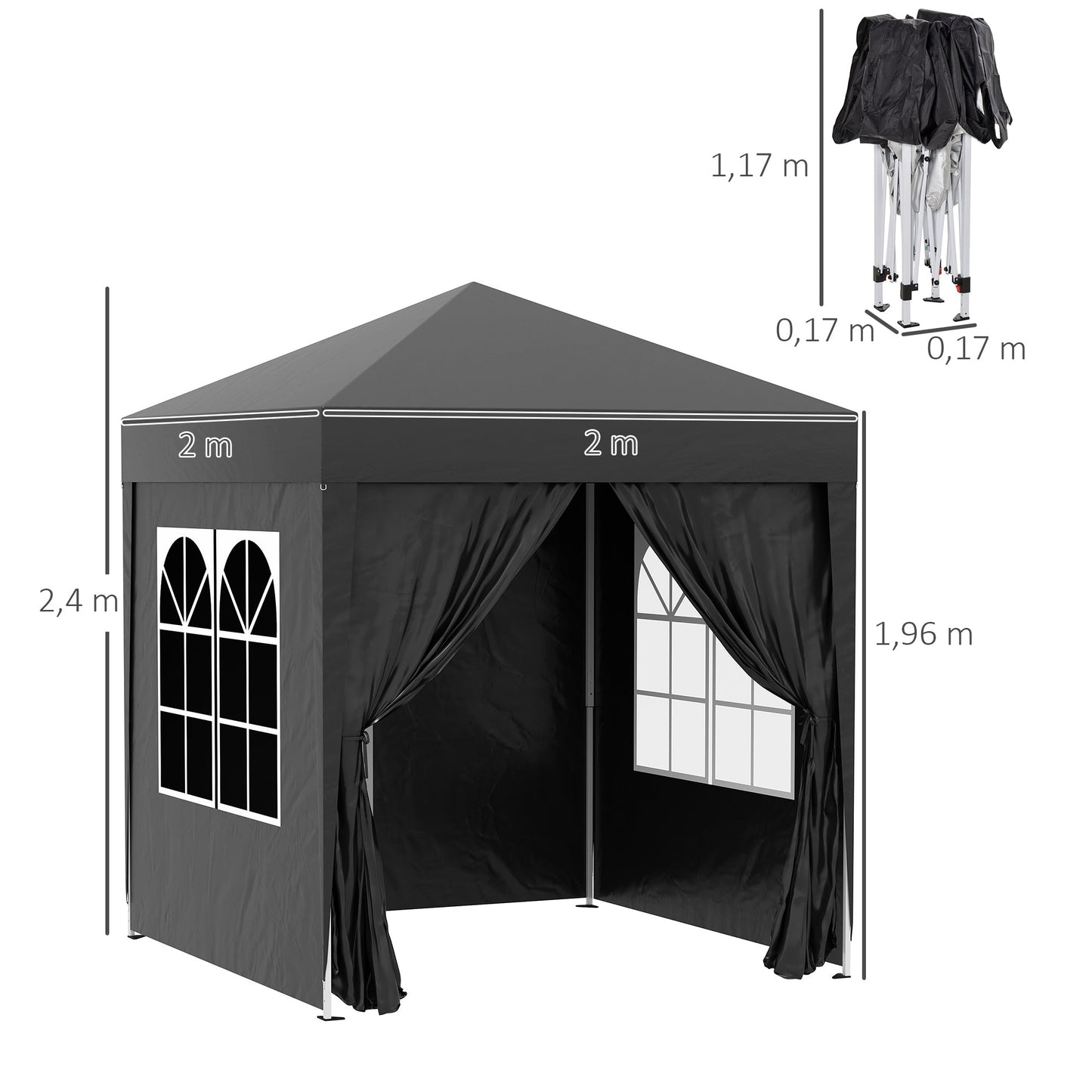 2m x 2m Garden Pop Up Gazebo Marquee Party Tent Wedding Awning Canopy New With free Carrying Case Black + Removable 2 Walls 2 Windows