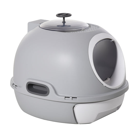 PawHut Futuristic Capsule-Shaped Cat Litter Box w/ 2 Doors Litter Scoop Drawer