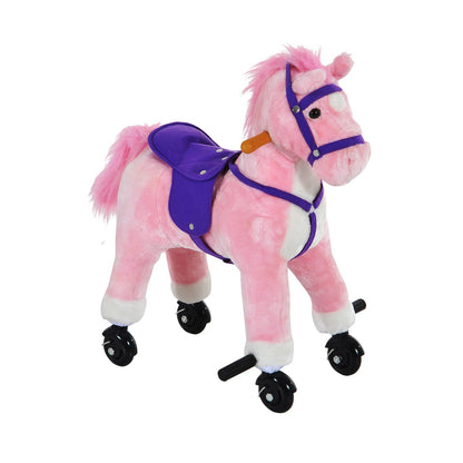 Wooden Action Pony Wheeled Walking Horse Riding Little Baby Plush Toy Wooden Style Ride on Animal Kids Gift w/Sound Pink