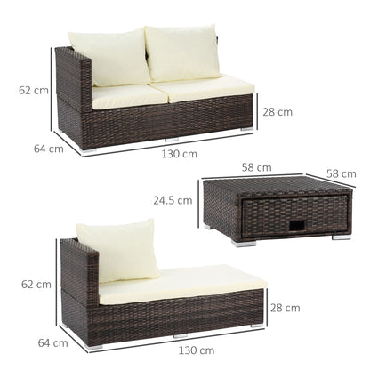 3-Piece Rattan Garden Furniture Storage Sofa Set 4 Seater Wicker Coffee Table Conservatory Sun Lounger Reclining Set Outdoor Weave with Cushion Brown