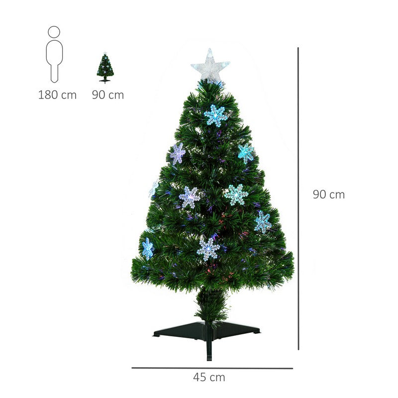 Homcom 3 Foot Green Fibre Optic Artificial Christmas Tree Xmas Colourful LED Scattered Tree with Snowflakes Ornaments Fireproofing