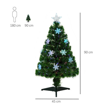 Homcom 3 Foot Green Fibre Optic Artificial Christmas Tree Xmas Colourful LED Scattered Tree with Snowflakes Ornaments Fireproofing