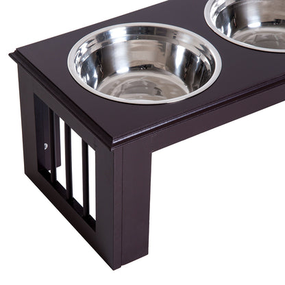 PawHut Stainless Steel Raised Dog Feeding Bowls with Stand for Small Medium Dogs Elevated Twin Pet Bowls Water Food Feeder 58.4L x 30.5W x 25.4H cm - Brown