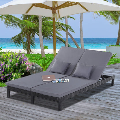 2 Seater Rattan Lounger Adjustable Double Chaise Chair Loveseat w/ Cushion Black