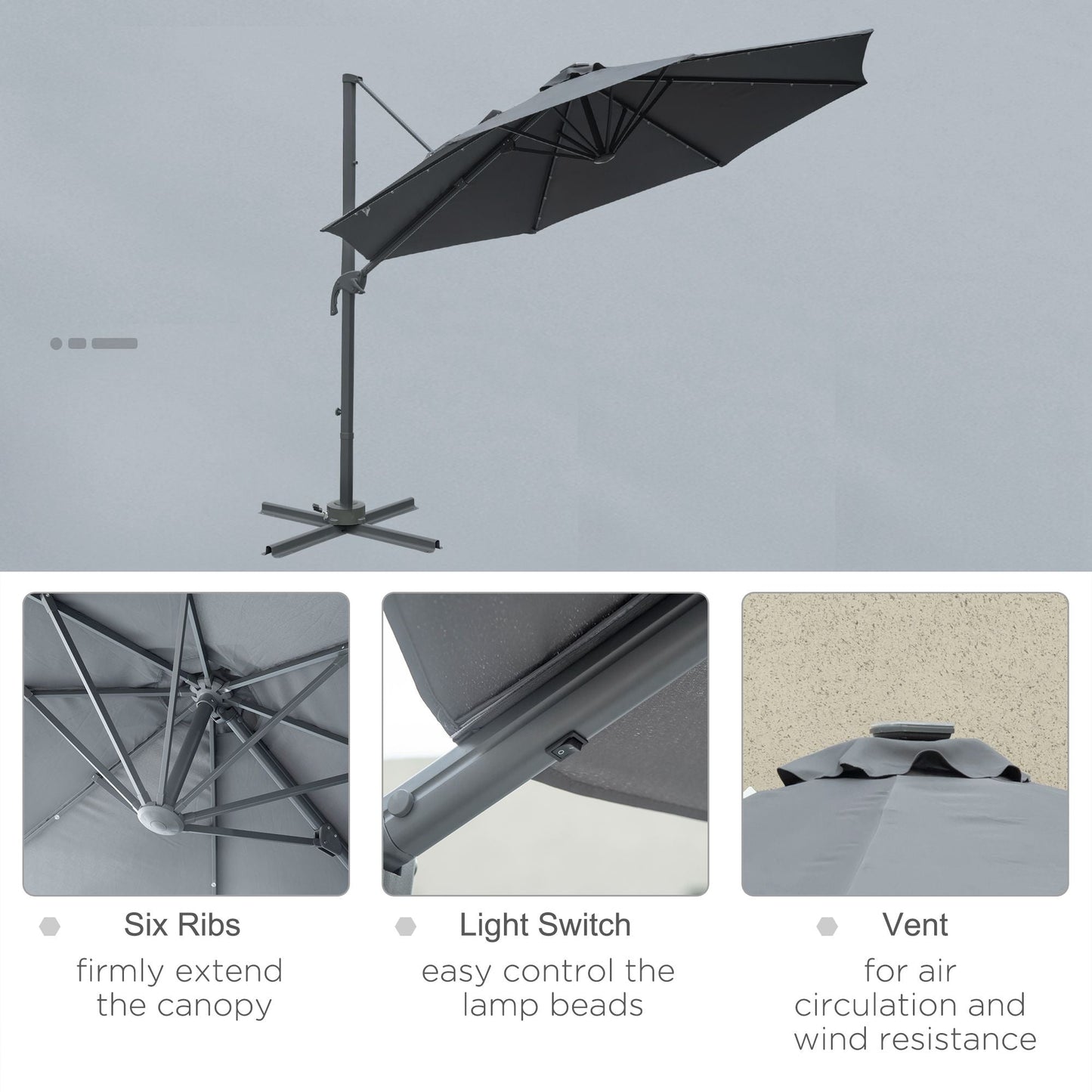 3M Cantilever Roma Parasol Patio Sun Umbrella with Crank & Tilt LED Solar Light Cross Base 360° Rotating Outdoor