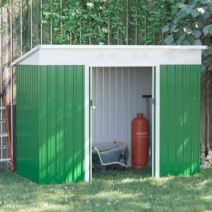 Galvanised 7.6 x 4.3' Sliding Double Door Pent Garden Shed With Ventilation Steel Green by Steadfast