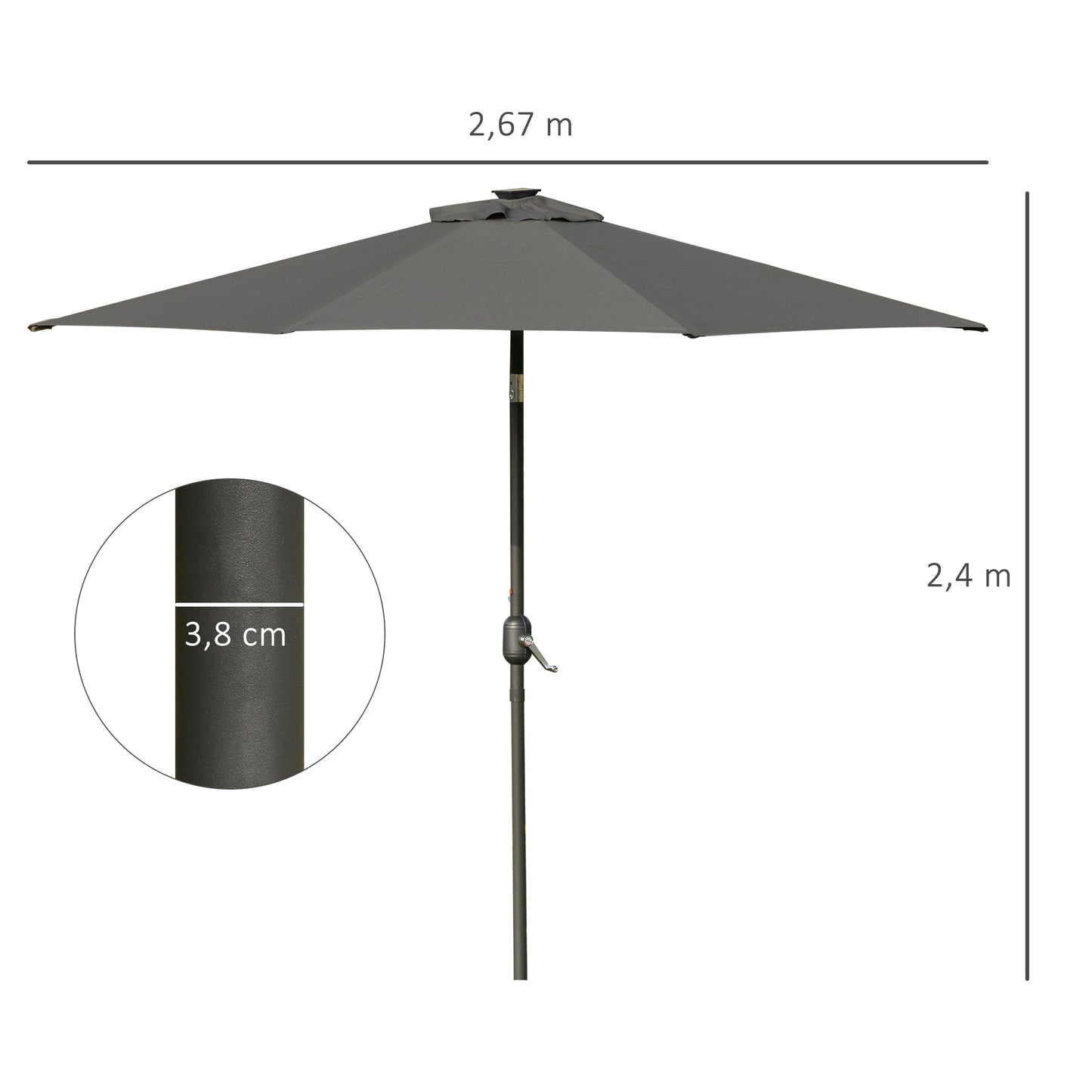 2.7m Patio LED Umbrella with Push Button Tilt/Crank 8 Rib Sun Shade Parasol