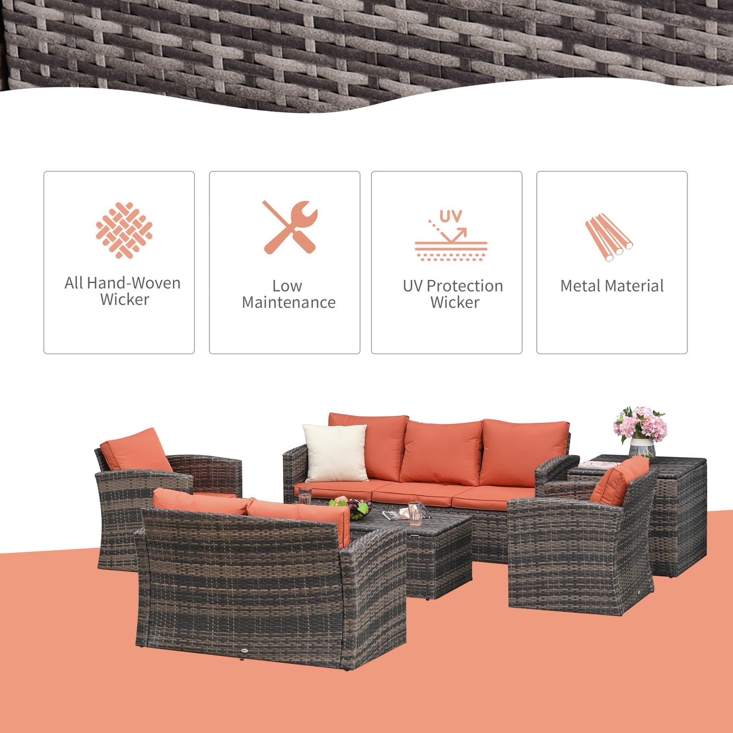 6-Piece Outdoor Rattan Wicker Sofa Set Sectional Patio Conversation Furniture Set w/ Storage Table & Cushion Mixed Brown