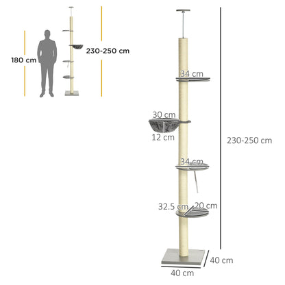 PawHut 250cm Floor to Ceiling Cat Tree with Hammock