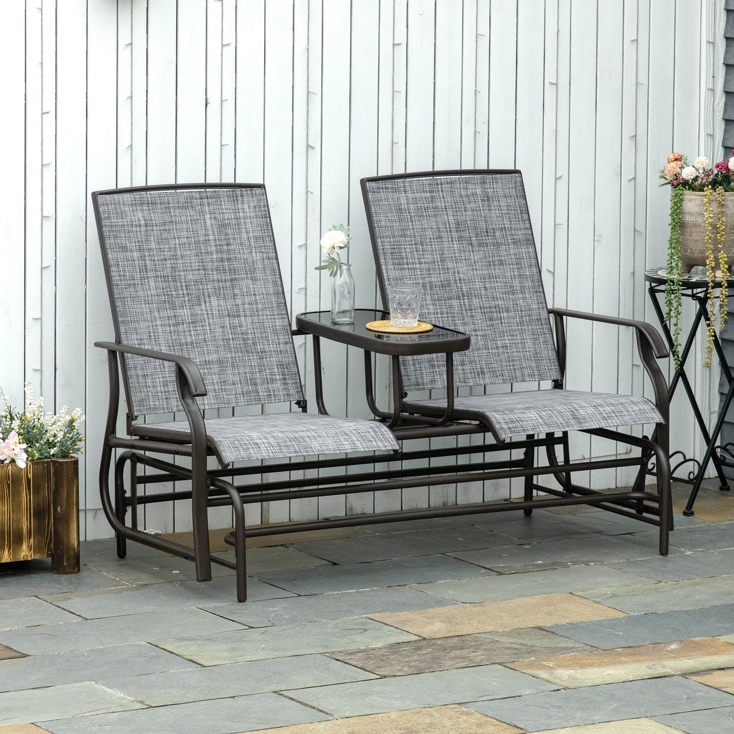 2 Seater Metal Double Swing Chair Glider Rocking Chair Seat Outdoor Seater Garden Furniture Patio Porch With Table Grey