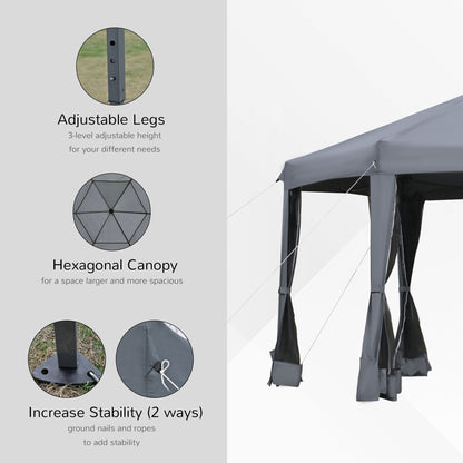 Outsunny 3.2 x 3.2M Pop Up Gazebo Hexagonal Canopy Tent Outdoor Sun Protection With Mesh Sidewalls Handy Bag Grey