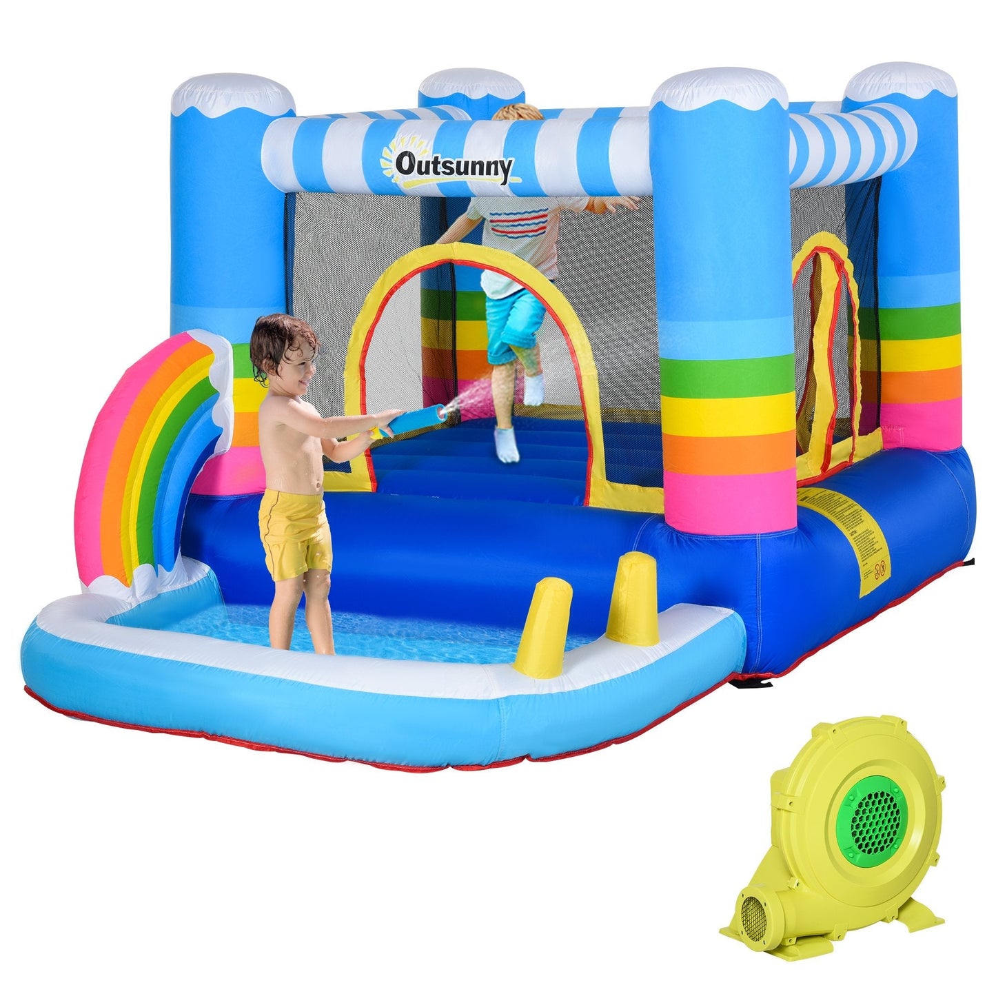 Kids Rainbow Bouncy Castle & Pool House Inflatable Trampoline w/ Blower Pump Outdoor Play Garden Activity Exercise Fun 3-8 Years 2.8 x 1.7 x 1.55m