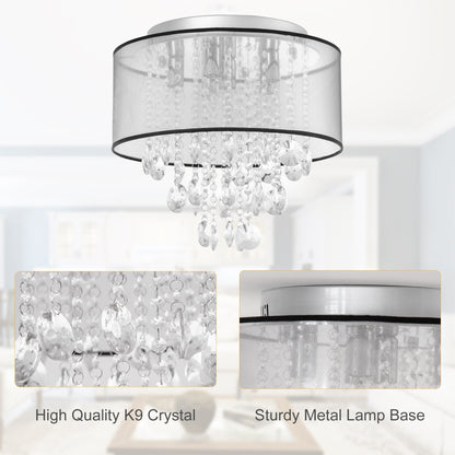 Modern Crystal Chandelier Flush Mount Ceiling Light with Drum Shade for Living Room Bedroom Dining Room Silver