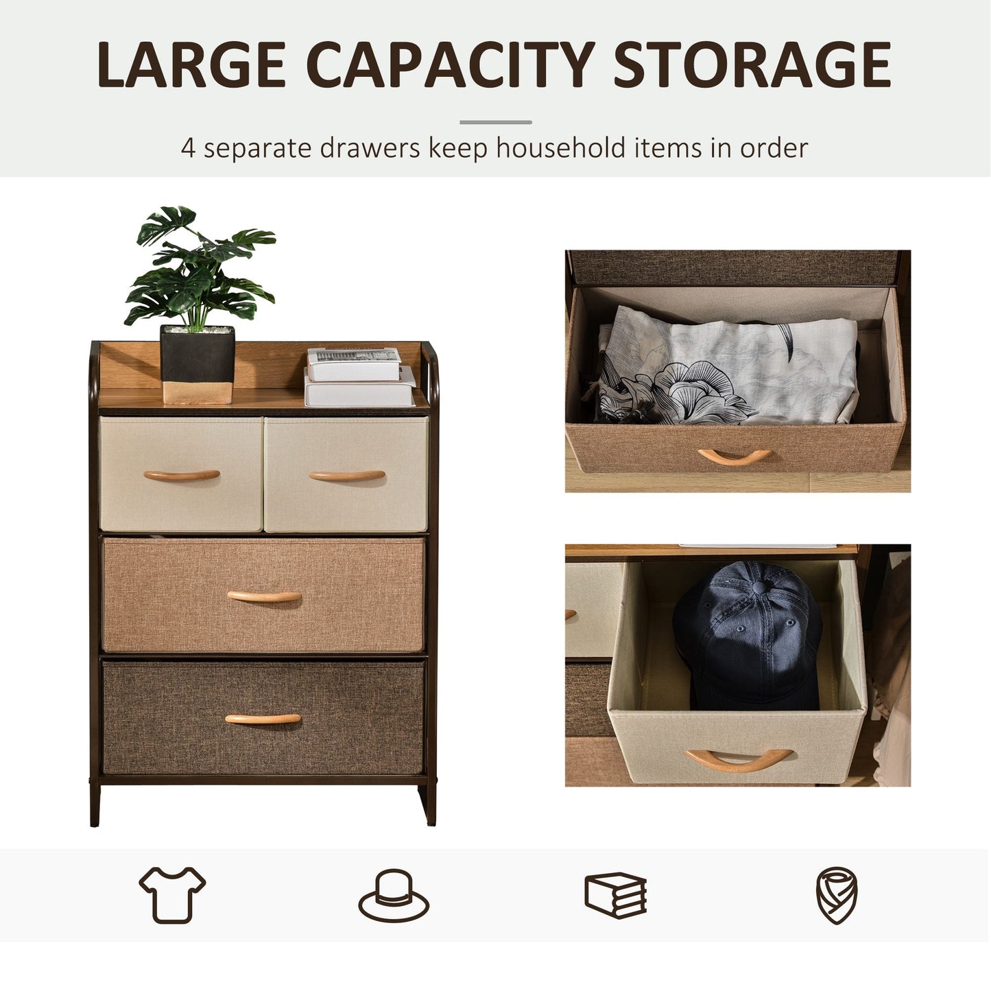 Homcom Drawers Storage Tower Dresser With Wood Top Steel Frame Folding Organizer