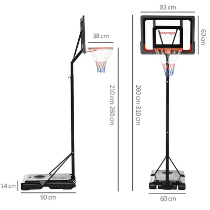 2.1 to 2.6M Adjustable Free Standing Basketball Hoop Weighted Base With Transit Wheels Black & Red by Sportnow