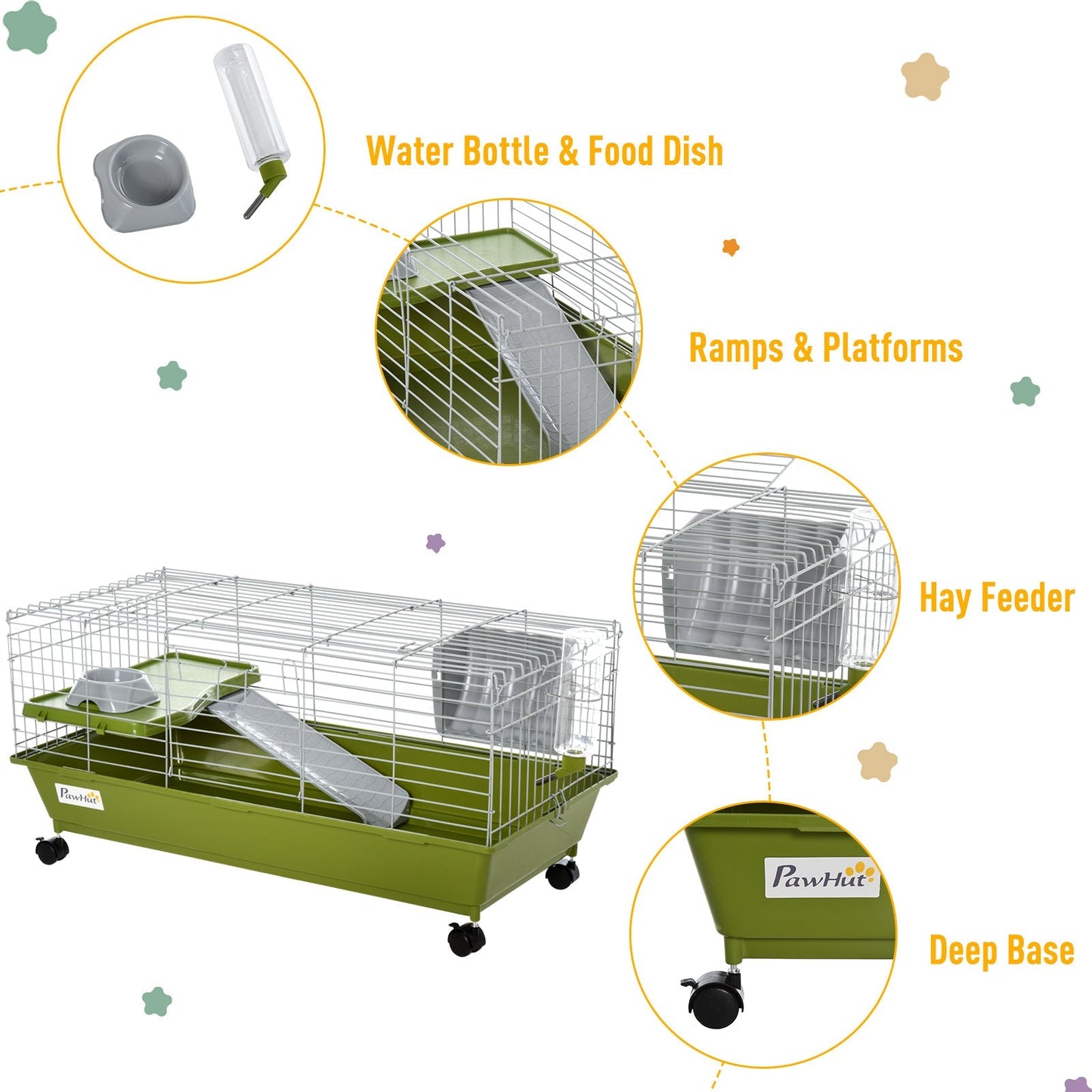 PawHut Small Animal Cage Rabbit Guinea Pigs Chinchillas Cage w/ Wheels Water Bottle Food Dish Platform Ramp 89 x 44 x 43 cm Green