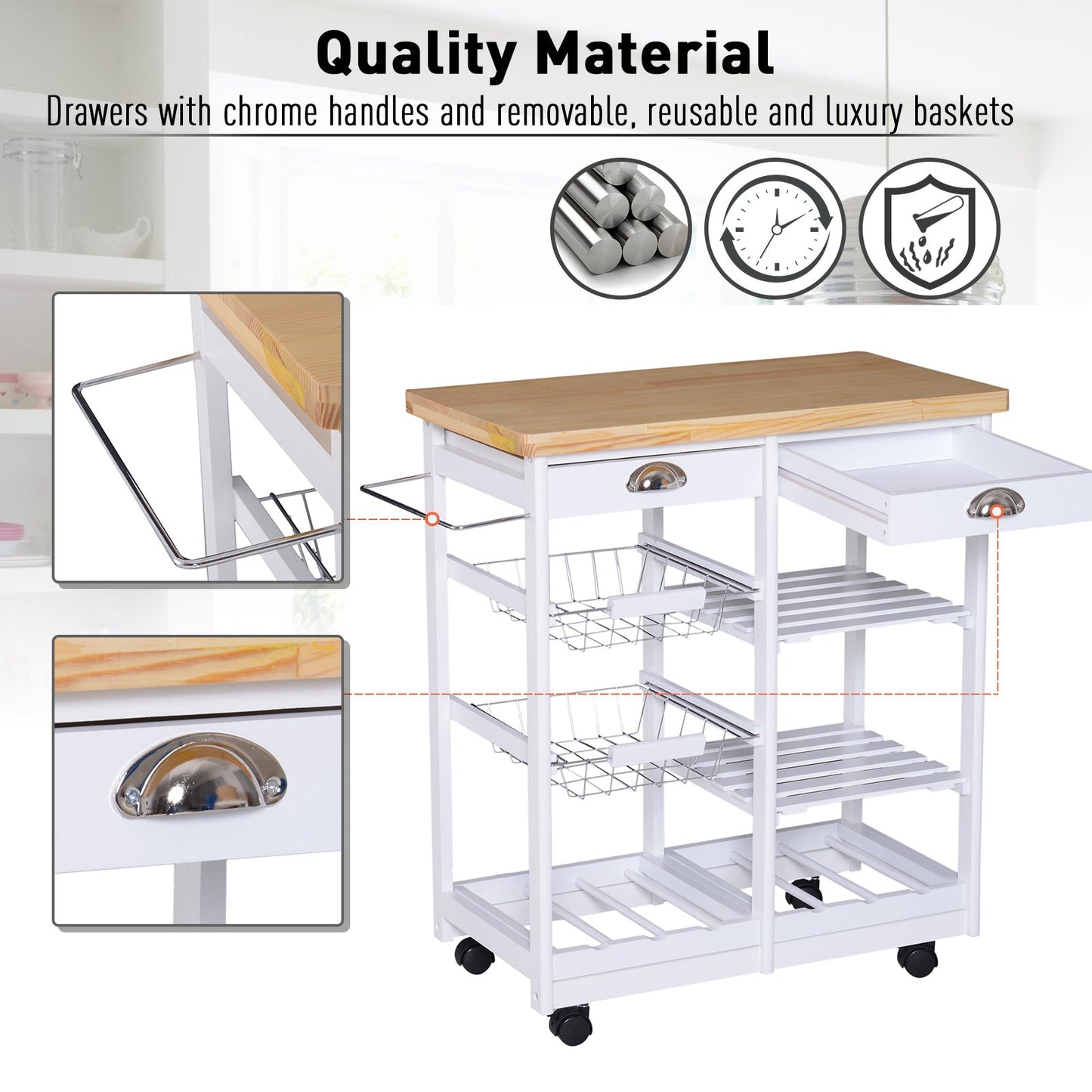 Rolling Kitchen Island Trolley Cart Drawer Shelves Basket Wheels W/ 6 Bottle Wine Rack White