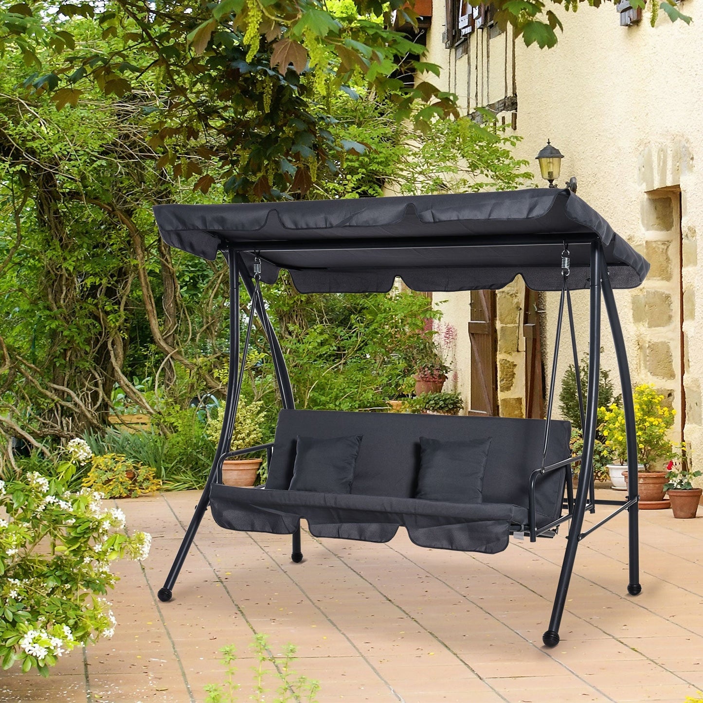 Outdoor 2-in-1 Patio Swing Chair Lounger 3 Seater Garden Swing Seat Bed Hammock Bed Convertible Tilt Canopy W/ Cushion