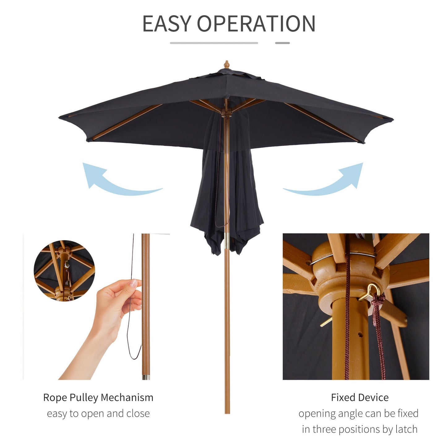 Outsunny 2.5 m Wooden Umbrella Parasol-Black