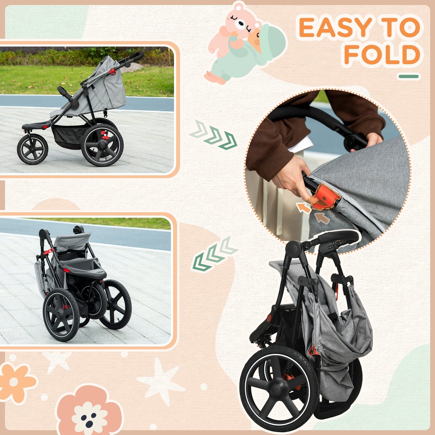 Foldable Three-Wheeler Baby Stroller w/ Canopy