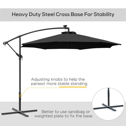 3m LED Patio Banana Umbrella Cantilever Parasol w/ Crank Cross Base Hanging Offset Umbrella Frame Steel Aluminium Garden Table Outdoor Black