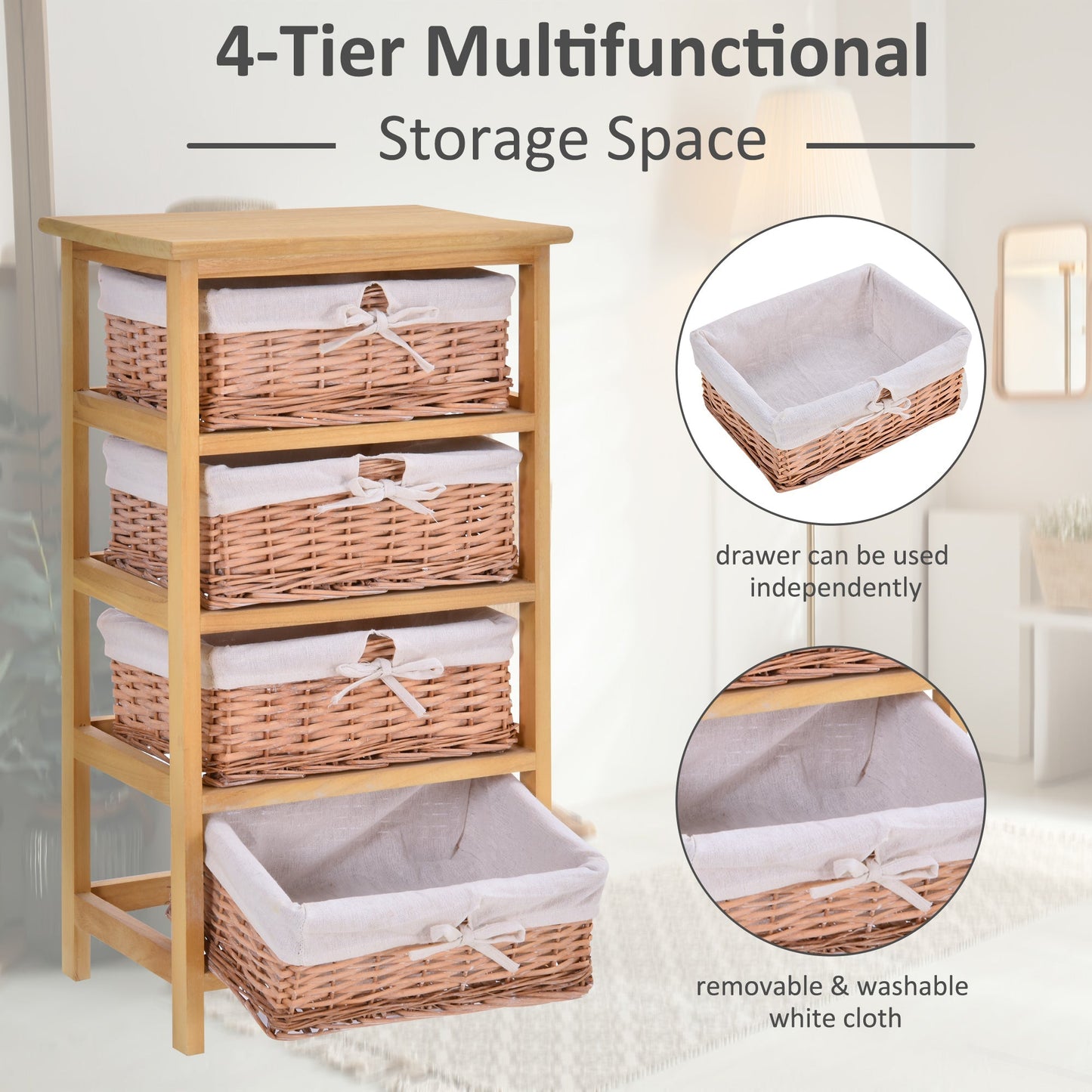 Homcom 4 Drawer Dresser Wicker Basket Storage Shelf Unit Wooden Frame Home Organisation Cabinet Bedroom Office Furniture Natural Finish 73x40cm