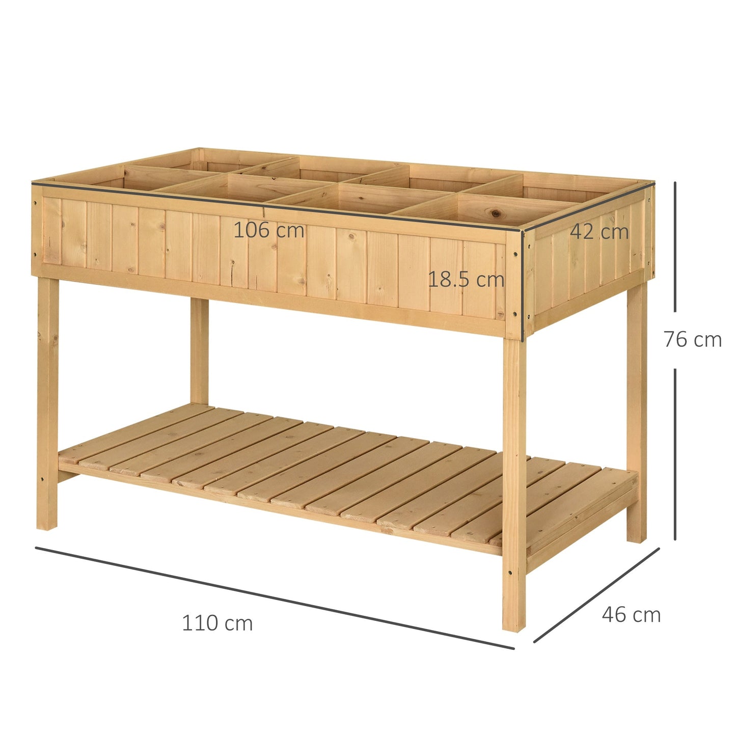 Fir Wood Raised Rectangular 8 Compartment Plant Stand Oak Tone