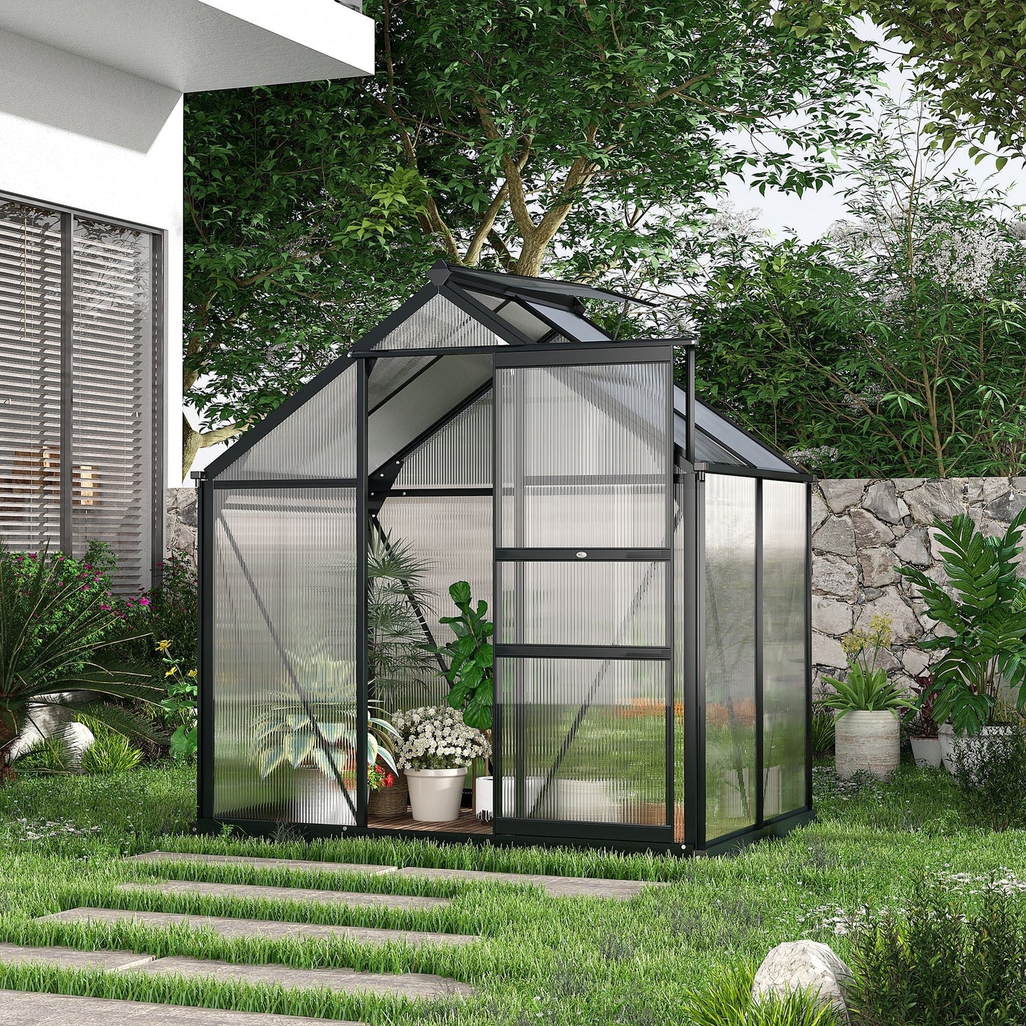 Clear Polycarbonate Greenhouse Large Walk-In Green House Garden Plants Grow Galvanized Base Aluminium Frame with Slide Door