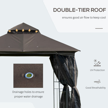 Outsunny 3 X 3M Metal Gazebo Garden Outdoor 2-Tier Roof Marquee Party Tent Canopy Pavillion Patio Shelter With Netting And Shelf Coffee