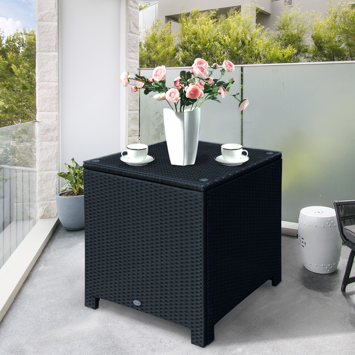 Outsunny Rattan Garden Furniture Side Table Patio Frame Tempered Glass New -Black