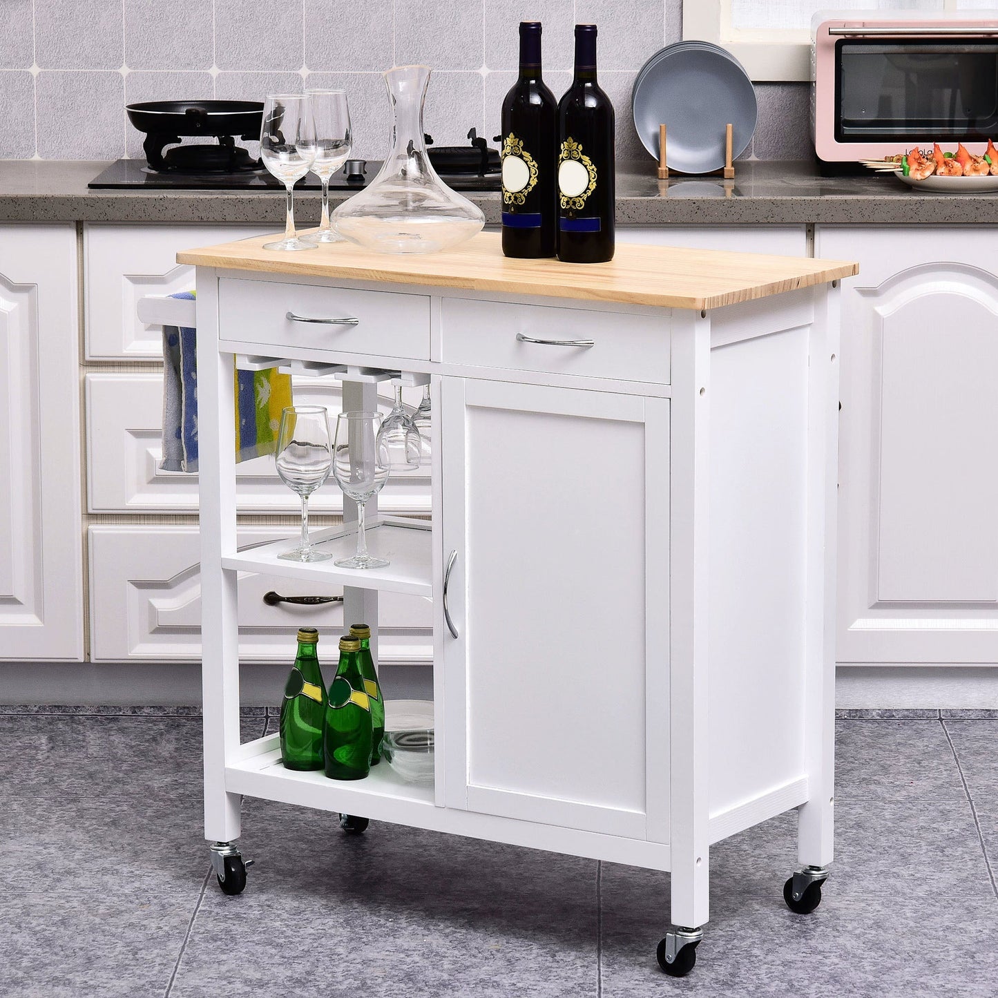 Kitchen Storage Trolley Cart Cupboard Rolling Wheels Shelves Cabinet Island W/ Drawers Towel Rail Wine Glass Rack Pine Wood Worktop White