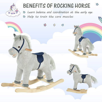 Kids Ride On Ribbed Plush Rocking Horse w/ Sound Grey