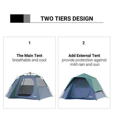 Fibreglass Frame 3/4 Person Lightweight Camping Tent Green